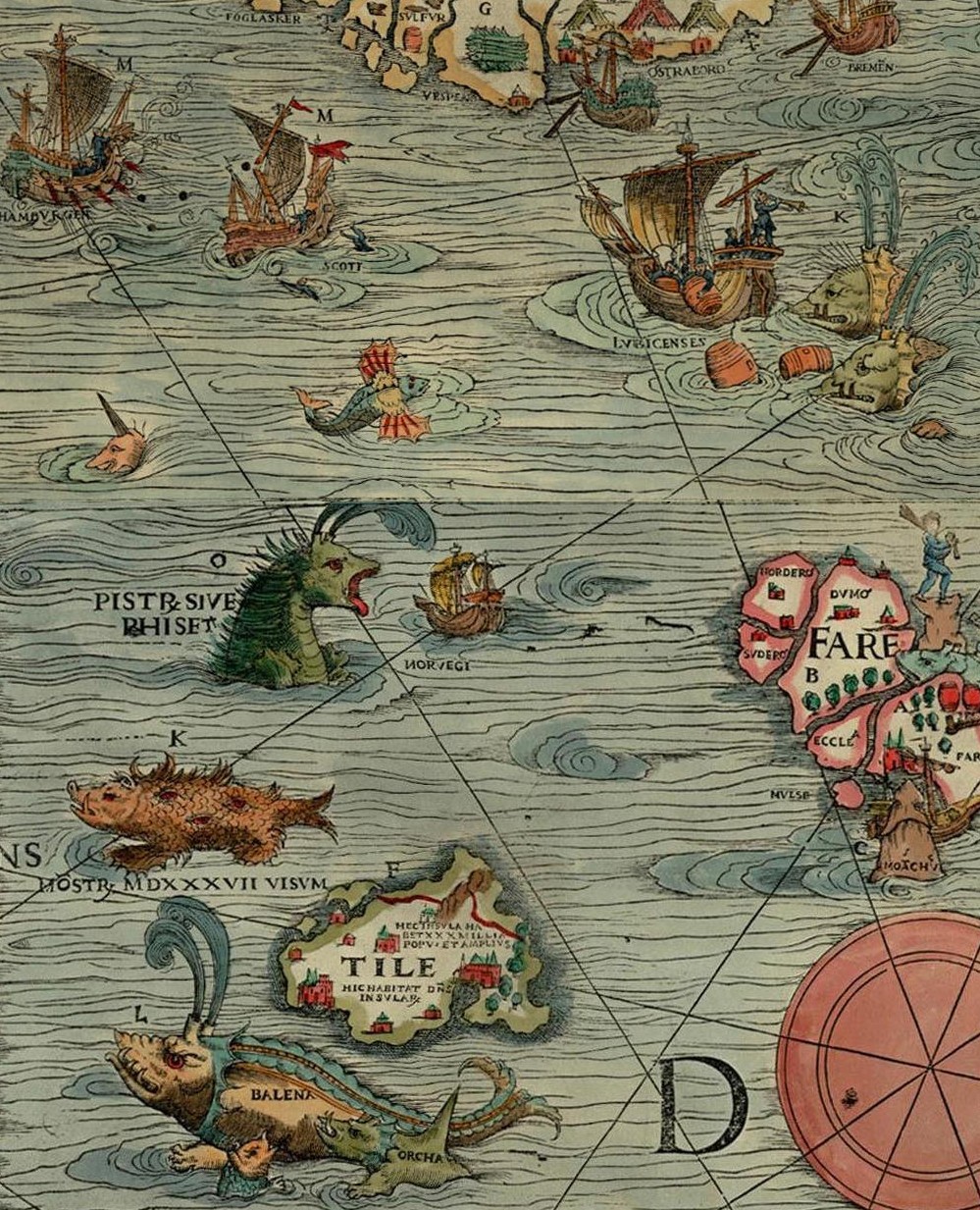 Sea monsters from the Carta Marine of Oalus Magnus, 1539, in the Orkney Museum, Kirkwall, Scotland, UK - Orkneyology.com