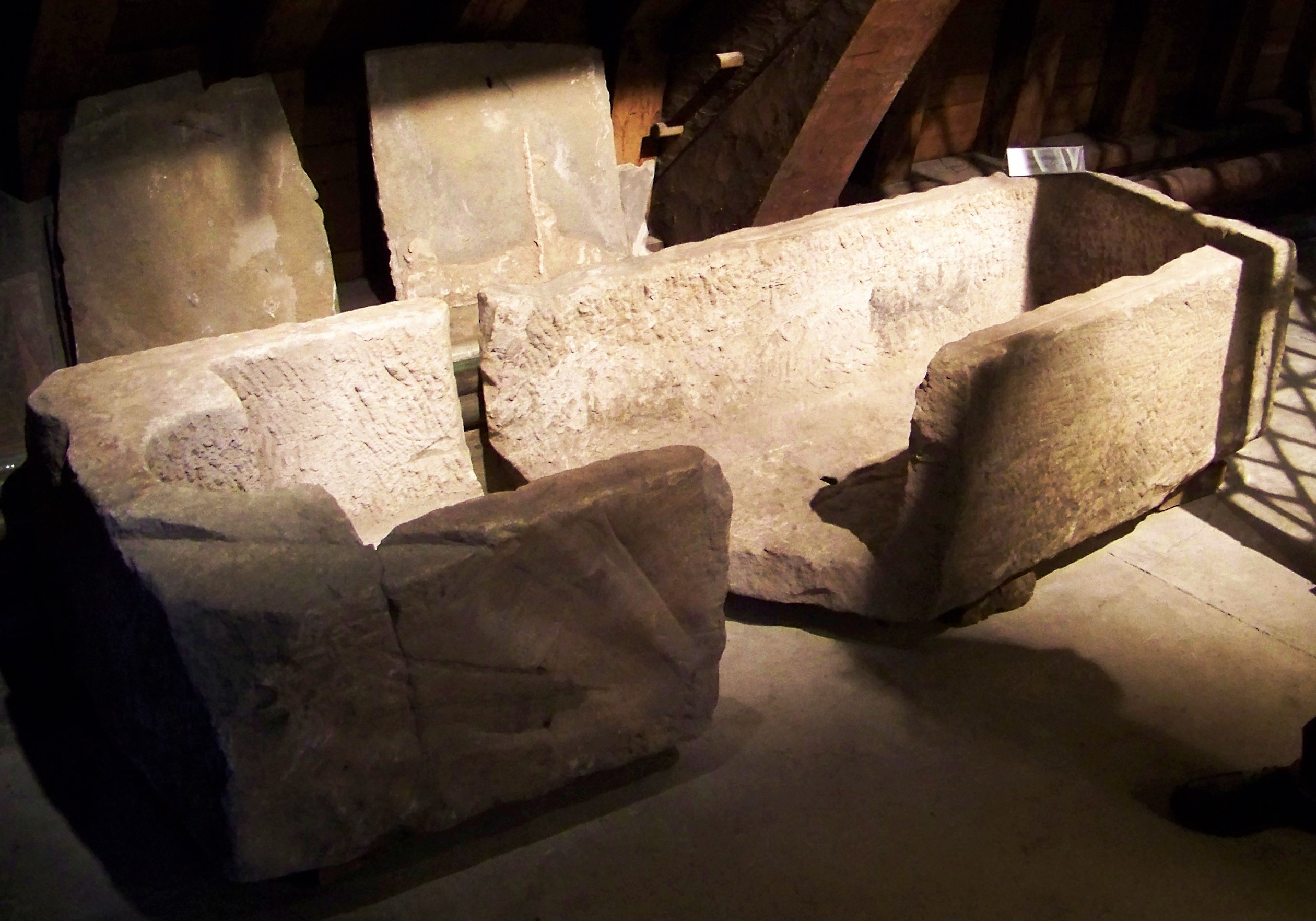 A mysterious sarcophagus in the upper levels Mysterious sarcophagus in the cathedral's upper levels - Kirkwall, Orkney, Scotland, UK