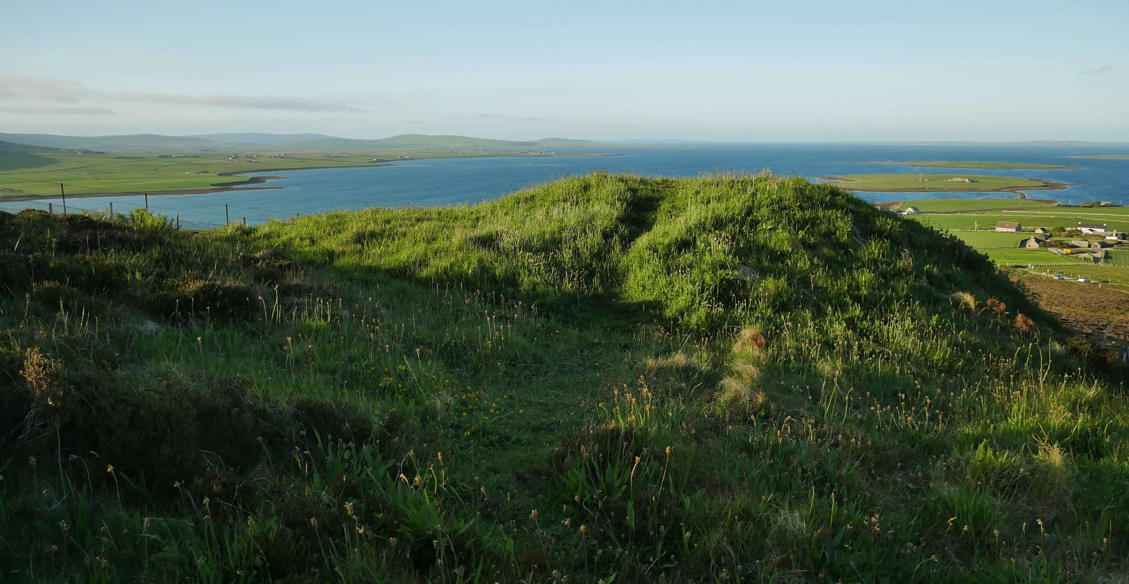 View from above Cuween Cairn, Finstown, Orkney, Scotland