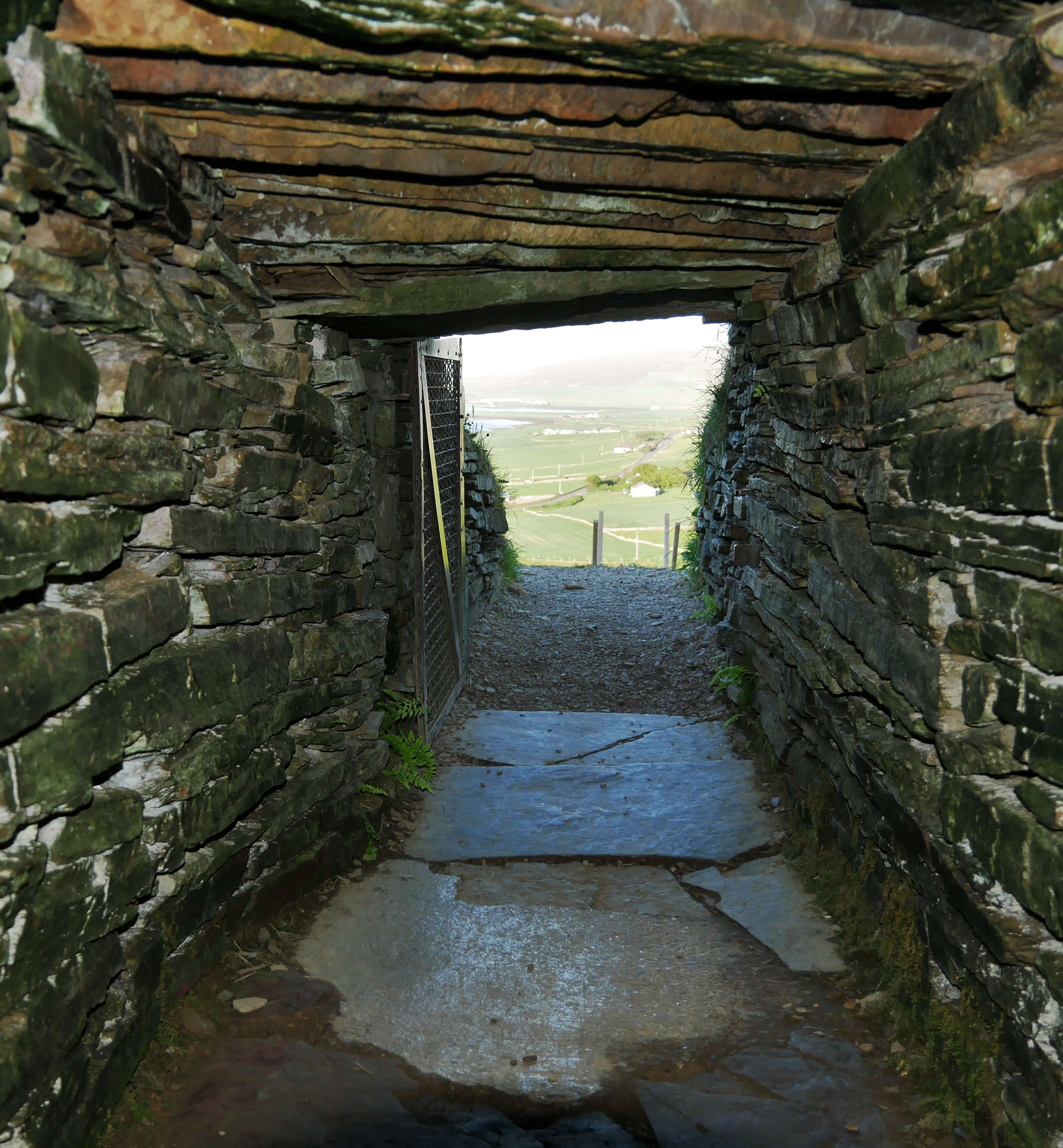 View from inside the passage at Cuween Hill Chambered Cairn, Finstown, Orkney, Scotland