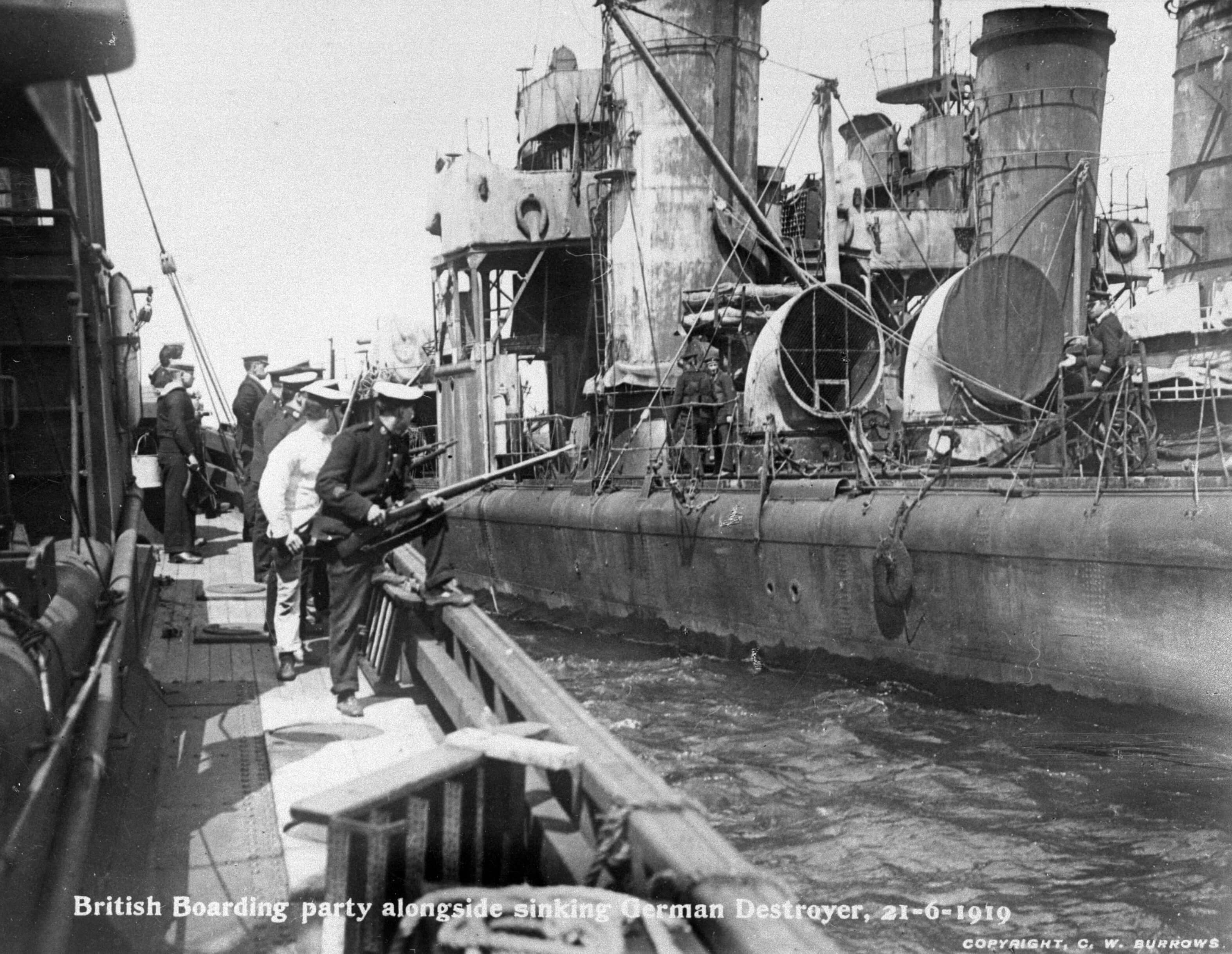 British Royal Marines prepare to board a German destroyer - WWI, Scapa Flow, Orkney Islands, Scotland