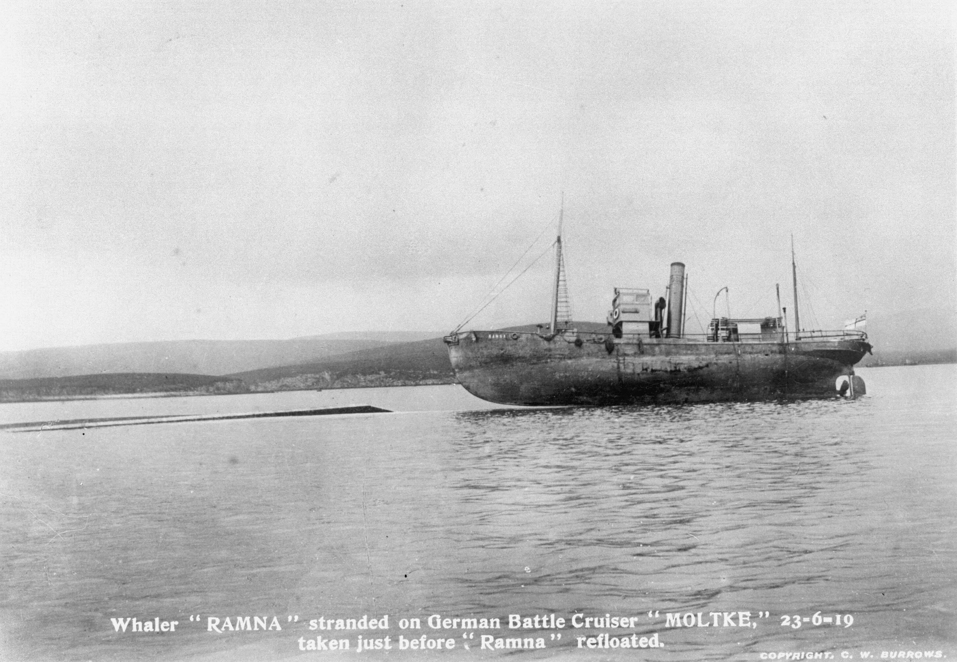 Ramna run aground on the hull of Moltke, a German ship sunk during the WWI scuttling in Orkney's Scapa Flow.