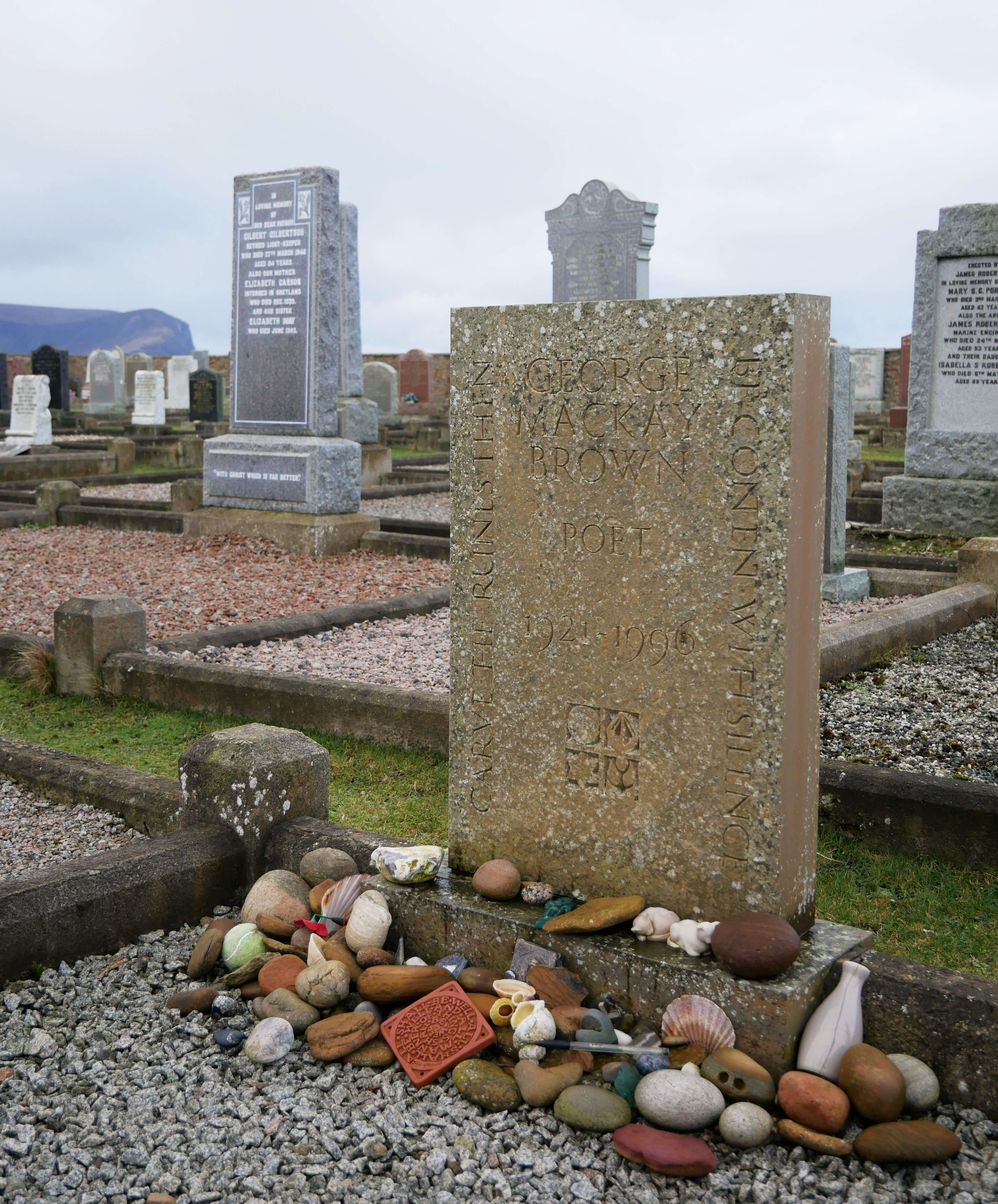 Grave of Orkney Islands writer George M Brownat Warbeth Kirkyard, Stromness, Orkney, Scotland. Orkneylogy.com