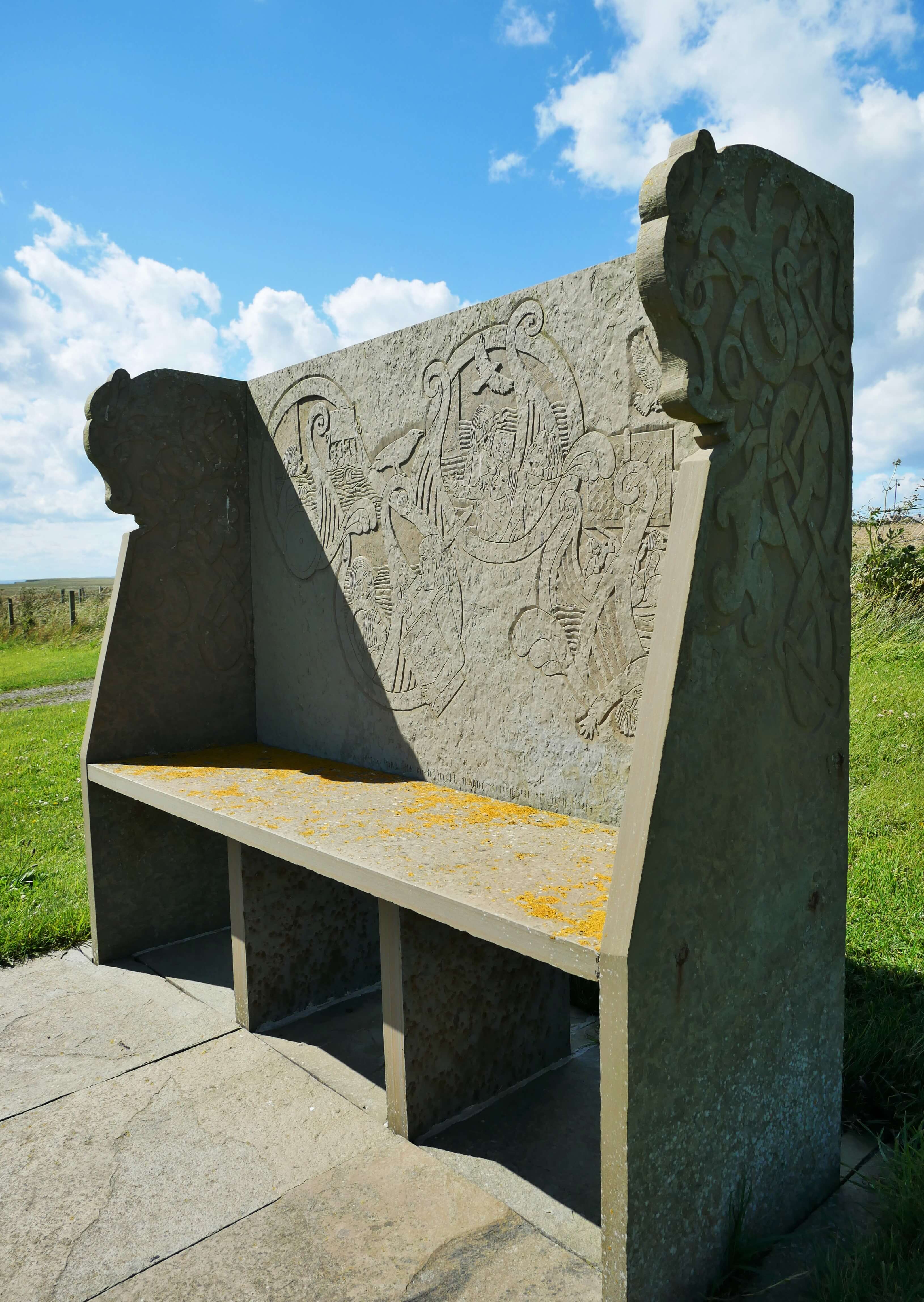 Colin Watson, Anne Bignall and Tom Muir made this Viking runic bench. Osmundswall, Hoy, Orkney Islands, Scotland, UK.