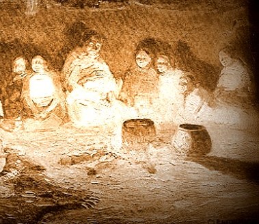 People in old Orkney believed it was bad luck to let the fire go out. Illustration of tribal campfire