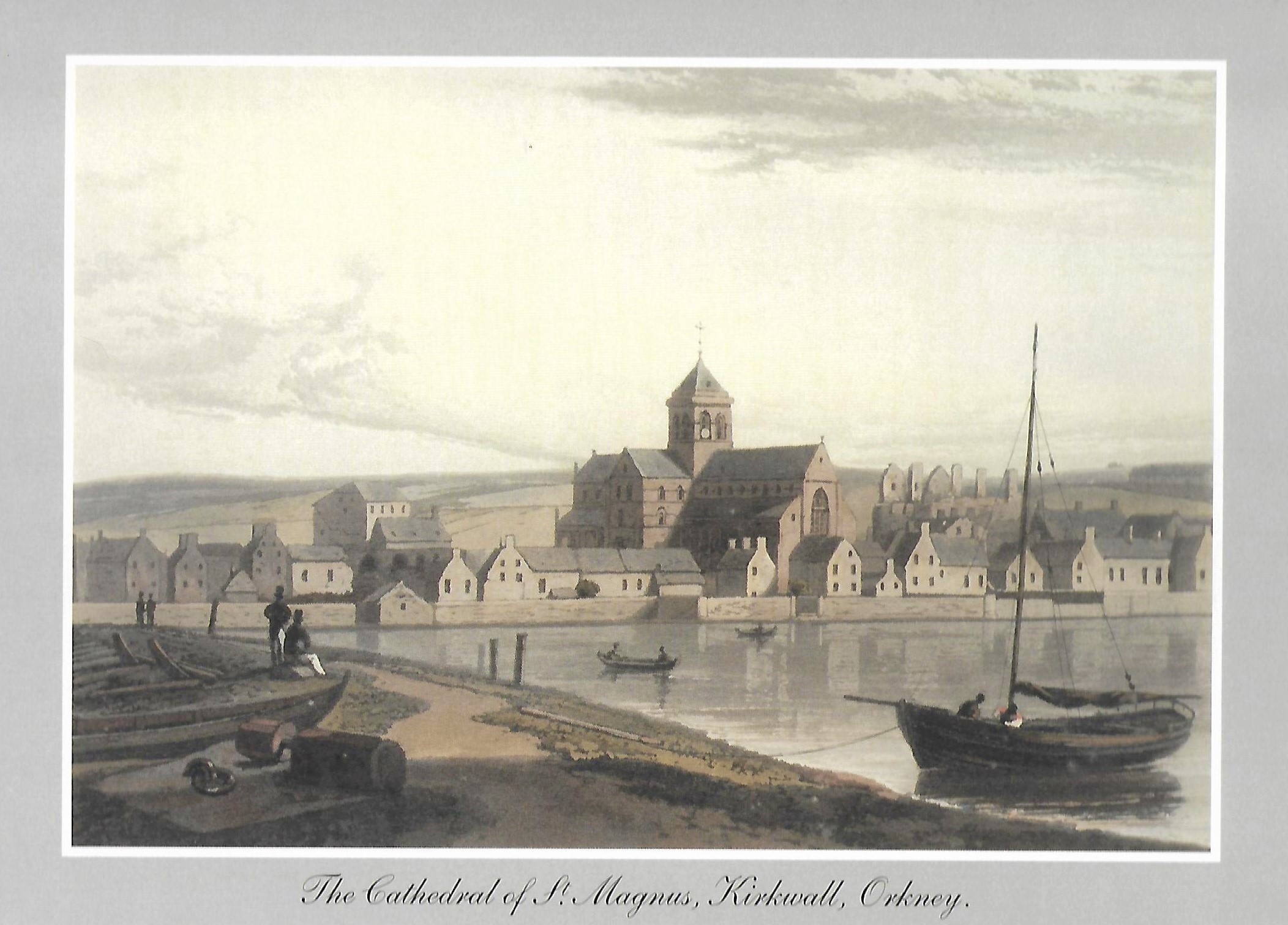 The cathedral with the Peedie Sea in foreground William Danielle's painting of the cathedral - Orkney Islands, Scotland, UK