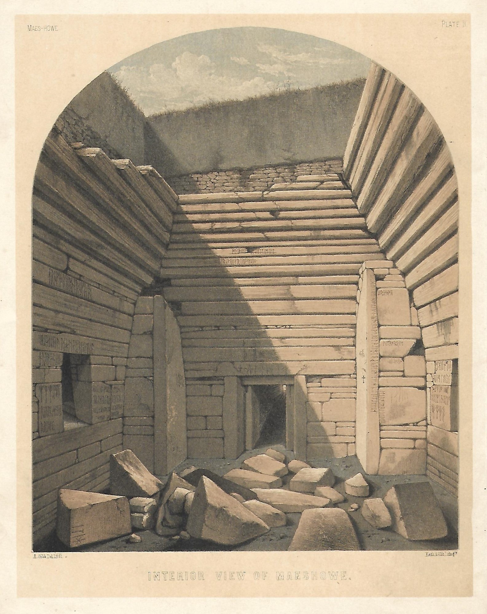 Old illustration showing the broken roof Old illustration of Maeshowe, the Neolithic chambered tomb in Stenness, Orkney Islands, Scotland. www.Orkneyology.com