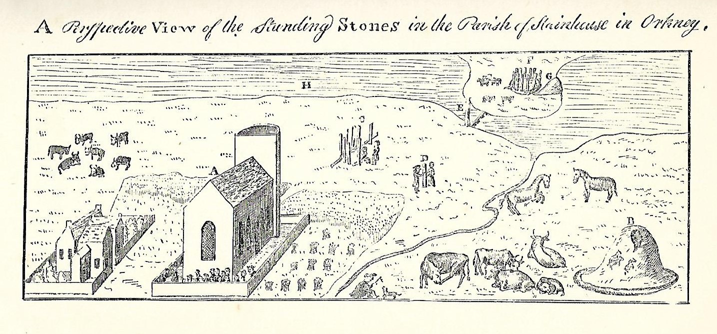Maeshowe, both standing stones rings, the Odin Stone and Watch Stone are in this old illustration. Old illustration of Orkney's standing stones at Stenness, Scotland. Orkneyology.com