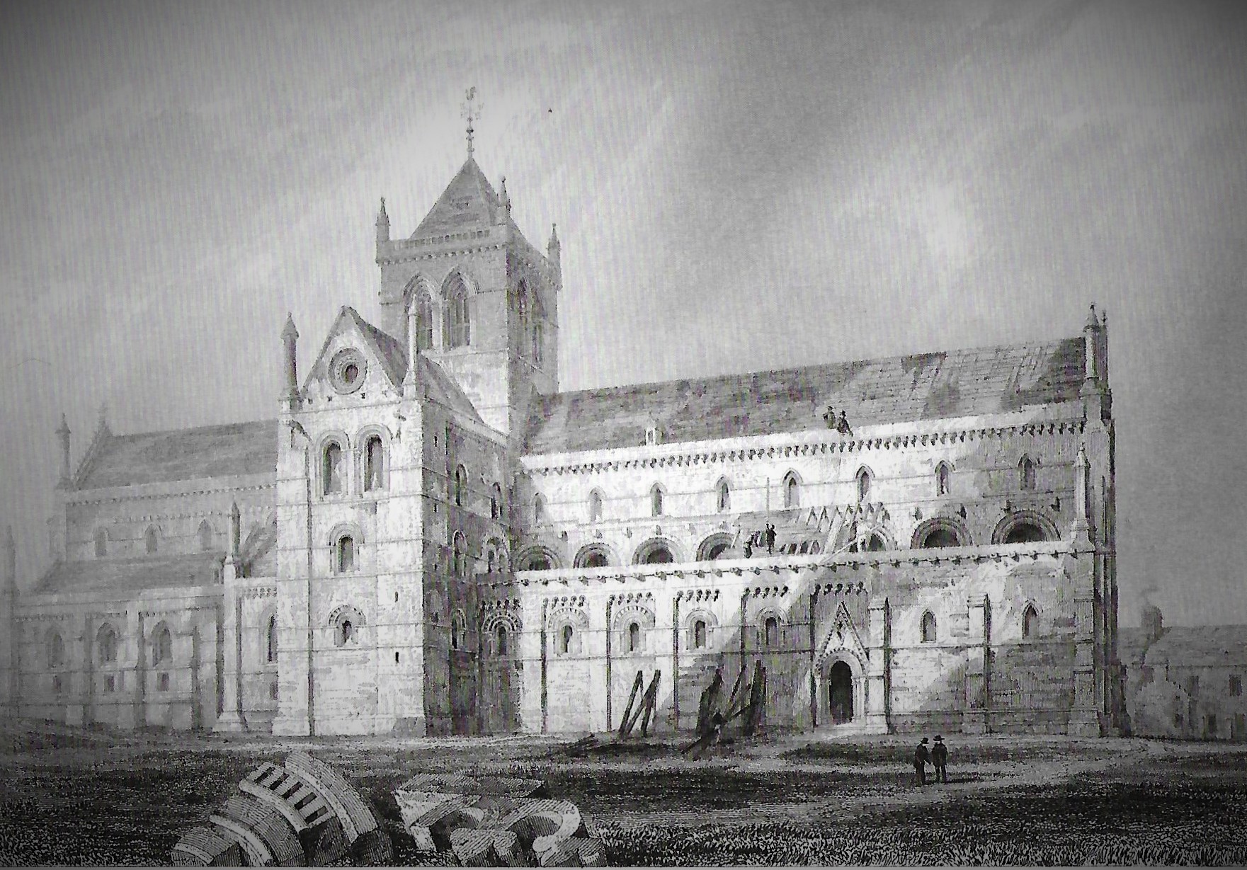 Illustration showing work being carried out on the cathedral Old illustration of cathedral - Kirkwall, Orkney Islands, Orkney, Scotland, UK
