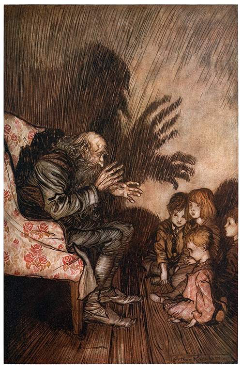 They were enthralled Arthur Rackham illustration of an old storyteller enthralling children with his tales