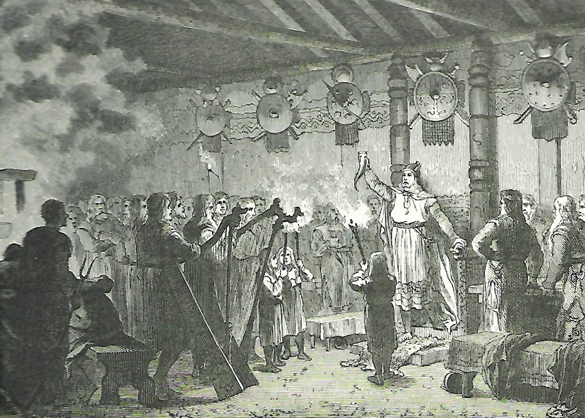 Viking drinking hall Old illustration of Viking days, Orkney Islands, Scotland, UK