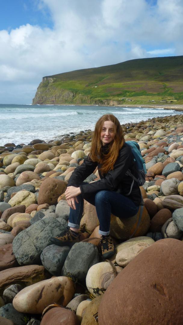 Inga researching at Rackwick Beach Italian playwright Inga Sempel at Rackwick Beach, Orkney Islands, Scotland. #Orkneyology.com