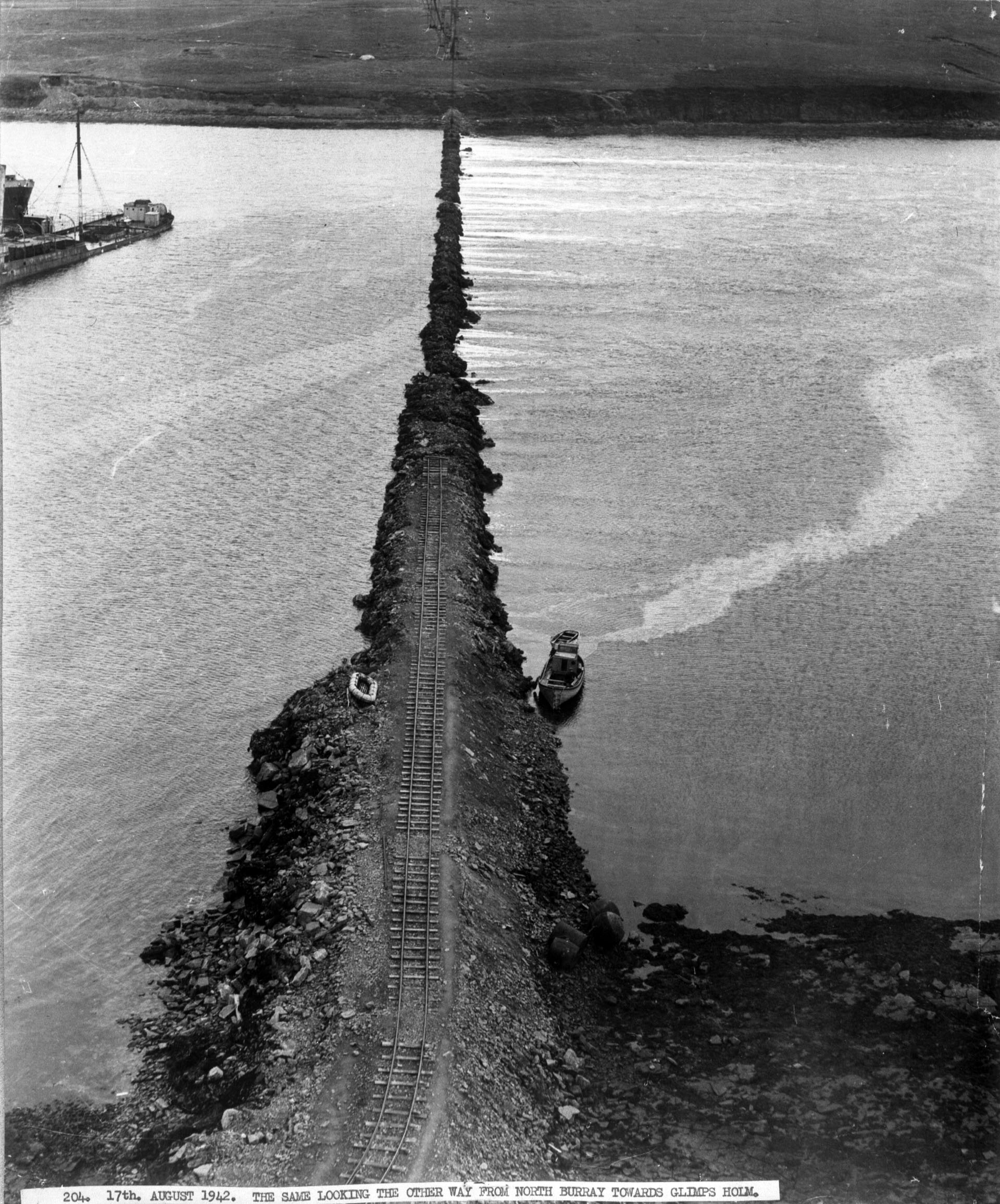 Rubble core, East Weddell Sound, looking from North Burray towards Glimps Holm. Rubble core of Churchill Barriers, East Weddell Sound, looking from North Burray towards Glimps Holm, Orkney Islands, Scotland, WWII. #Orkneyology.com