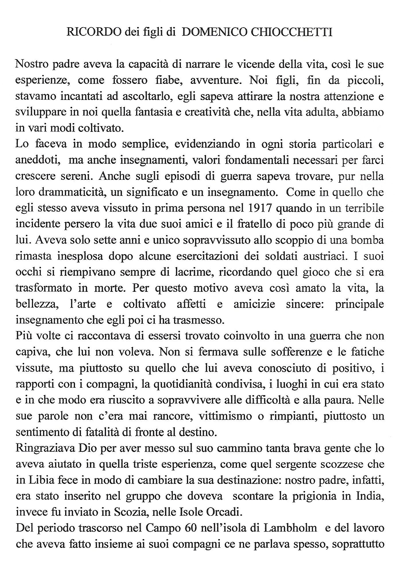 Original text in Italian Domenico Chiochetti's children write about their father, the man who designed Orkney's Italian Chapel.