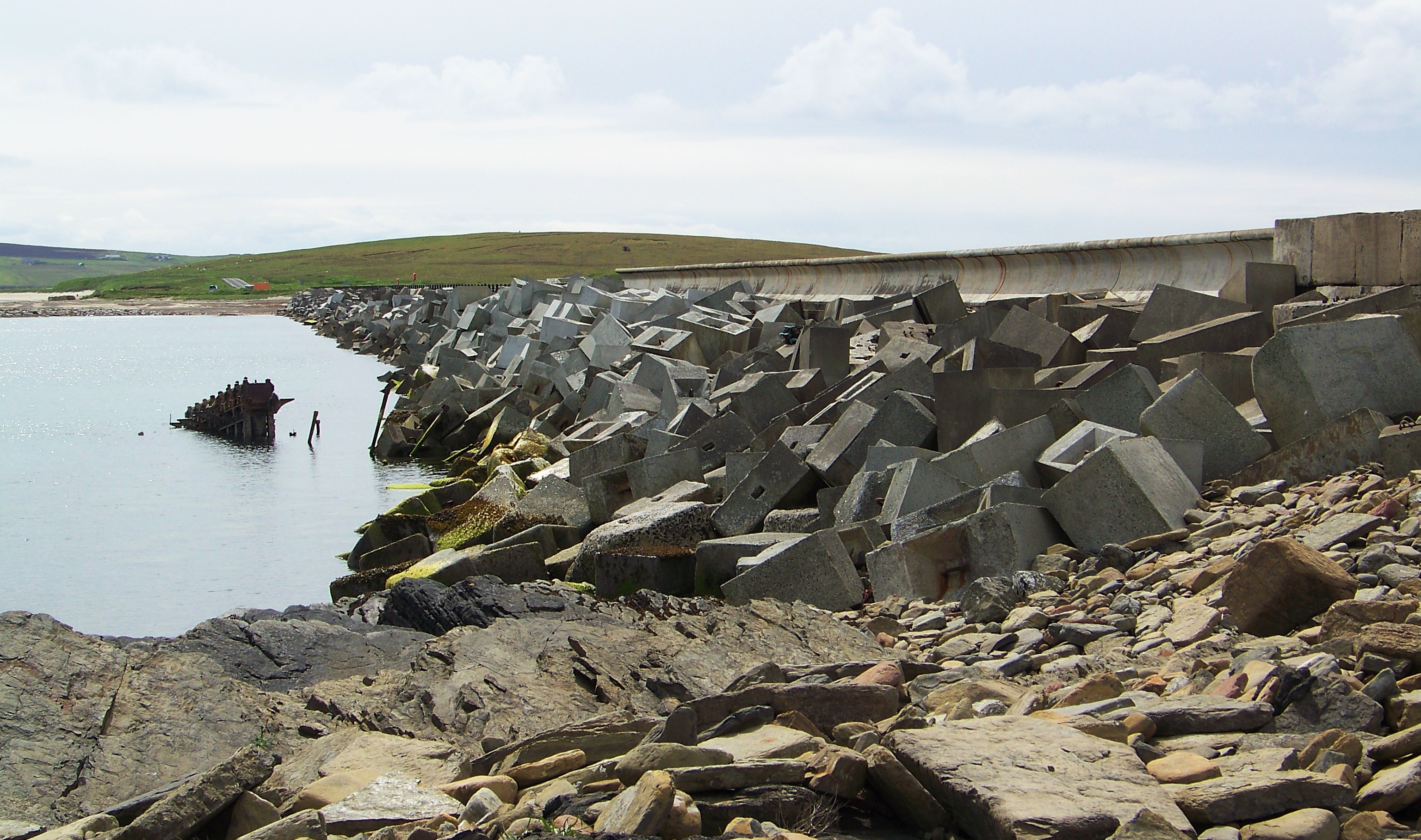 Concrete blocks form the foundation of the Churchill Barriers. Churchill Barriers, Orkney Islands, Scotland.