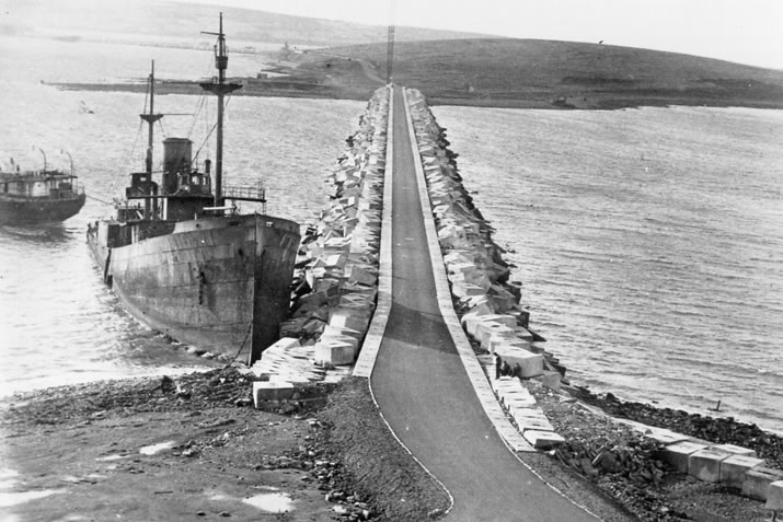This photo shows how close the blockship Lycia was to the barrier. The Churchill Barriers being built by WWII Italian POWS and others in Scotland's Orkney Islands. www.Orkneyology.com