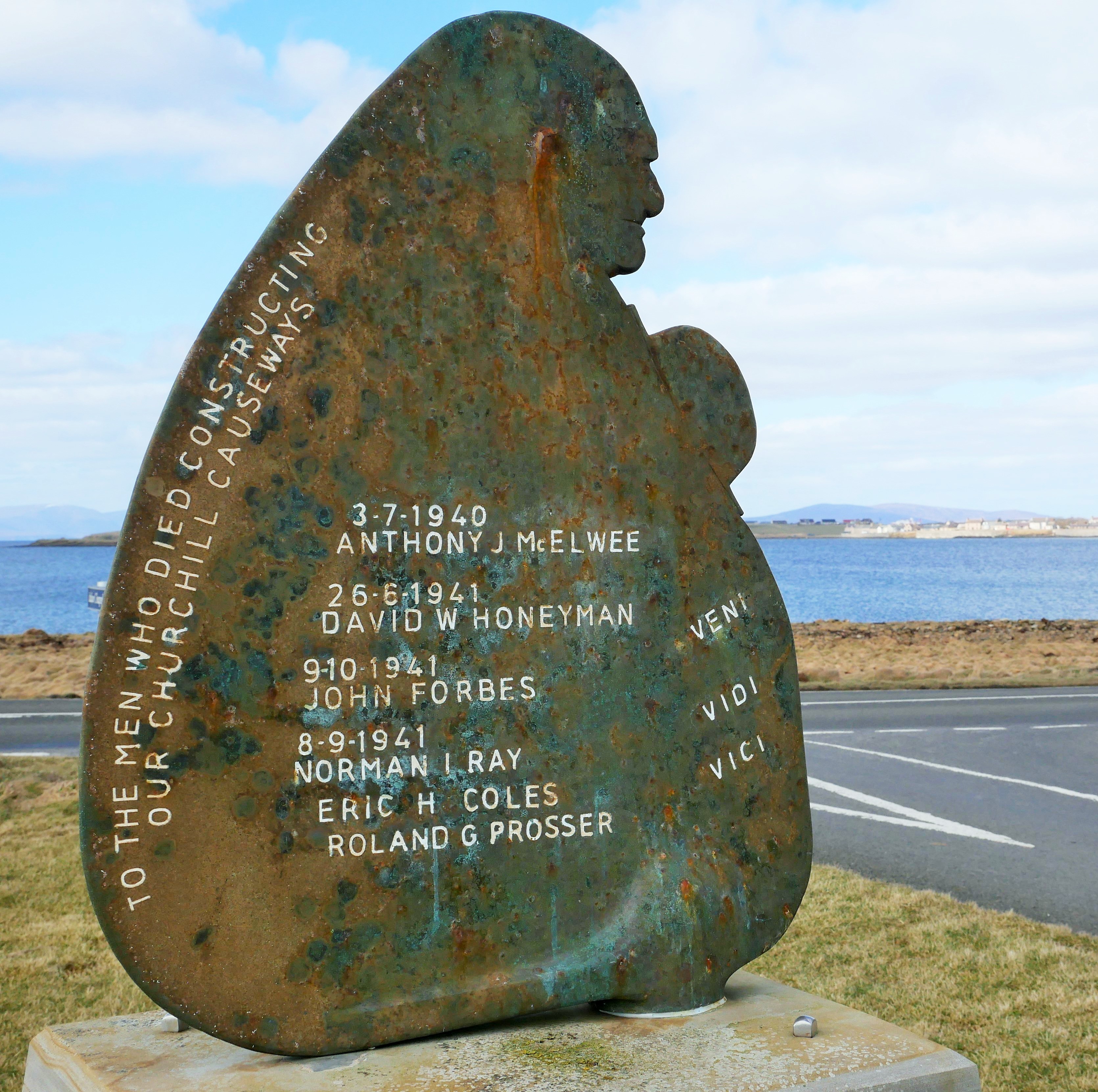 Memorial to the men who died constructing the Churchill Barriers Memorial to the men who died constructing the Churchill Barriers, Orkney Islands, Scotland. www.Orkneyology.com