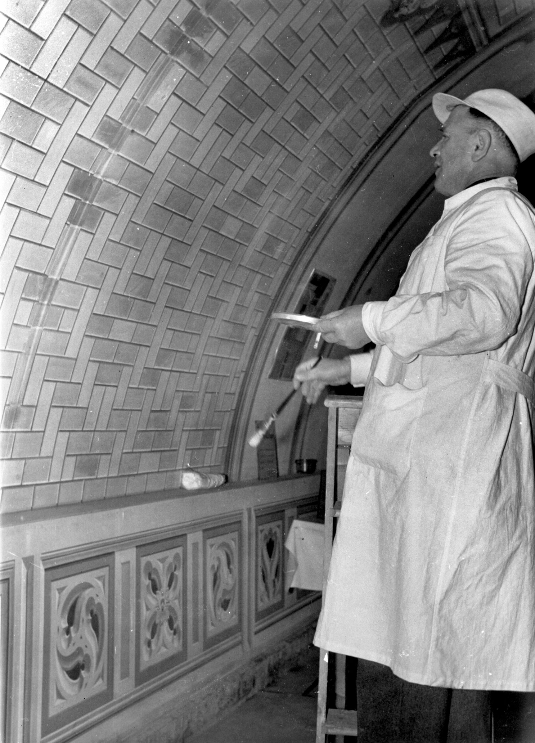 Chiocchetti repairing his work, 1960 Domenico Chiocchetti, former Italian POW in the Orkney Islands, Scotland, re-visits his chapel in Lamb's Holm, Orkney to make repairs to his paintings. www.Orkneyology.com