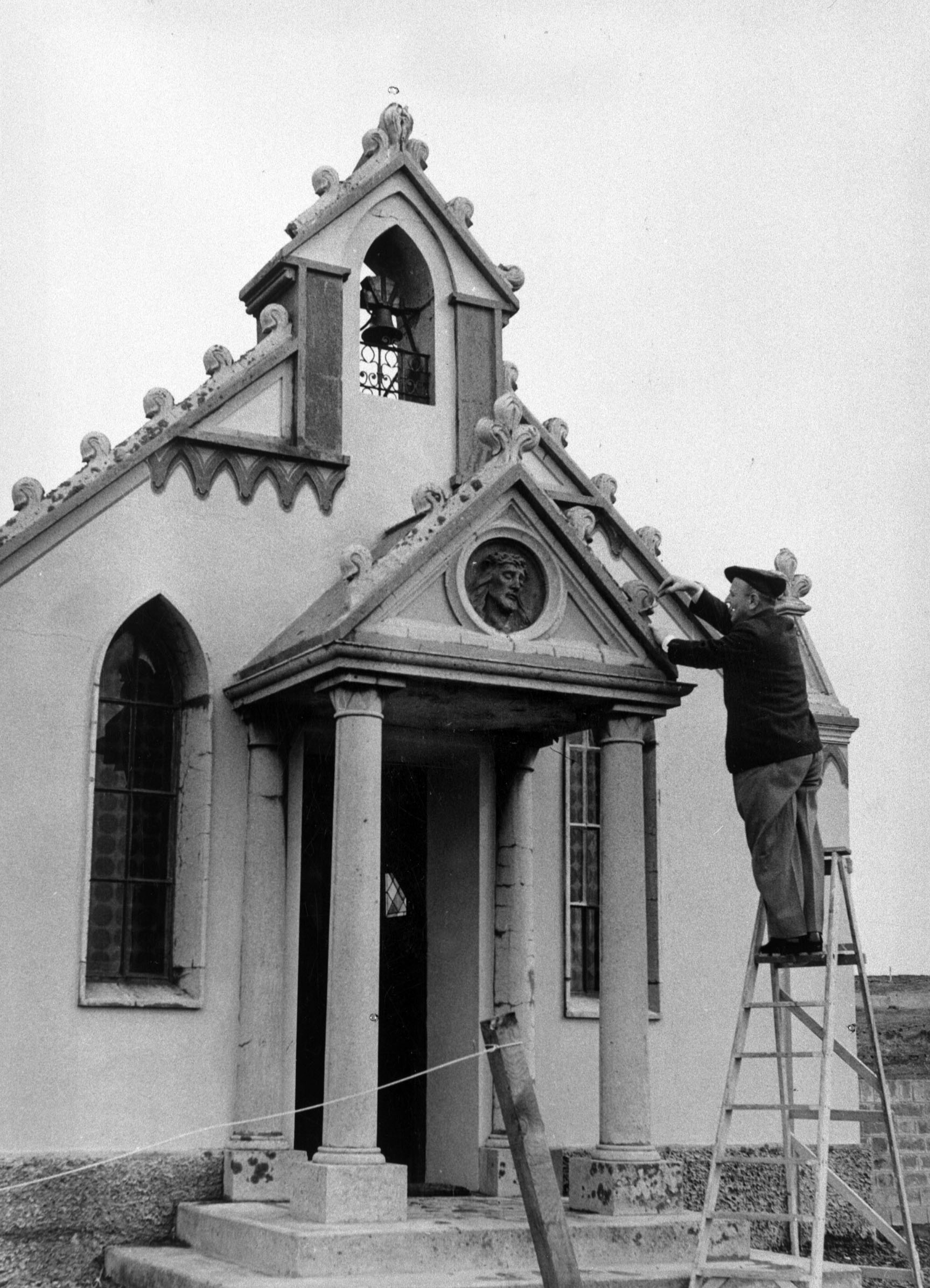 Chiocchetti repairs his work - 1960 Domenico Chiocchetti, former Italian POW in the Orkney Islands, Scotland, re-visits his chapel in Lamb's Holm, Orkney to make repairs to his work. www.Orkneyology.com