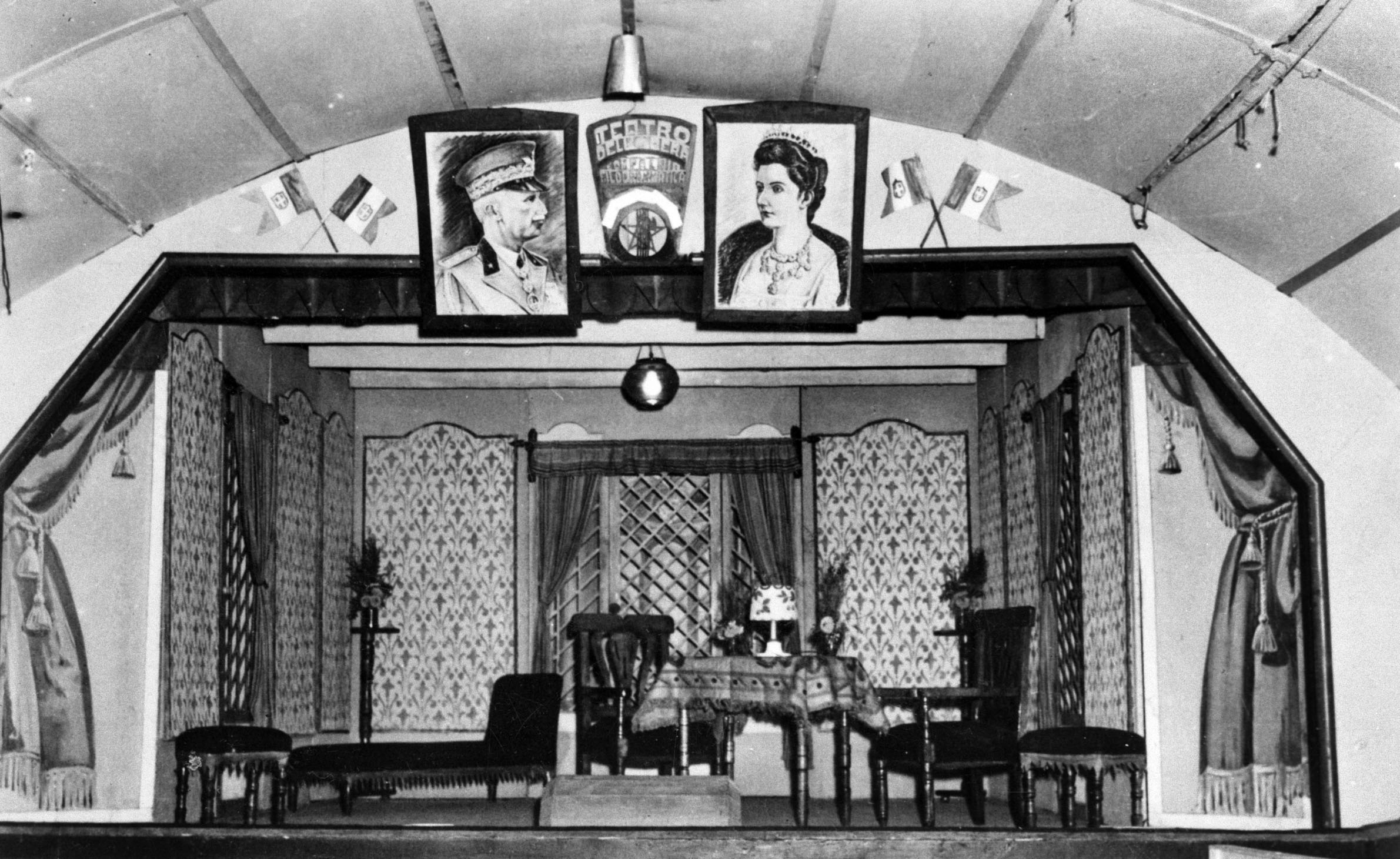 The theater at Lamb Holm, with set paintings by Chiocchetti. Camp life on Lamb's Holm for Italian POWs in the Orkney Islands, Scotland. www.Orkneyology.com