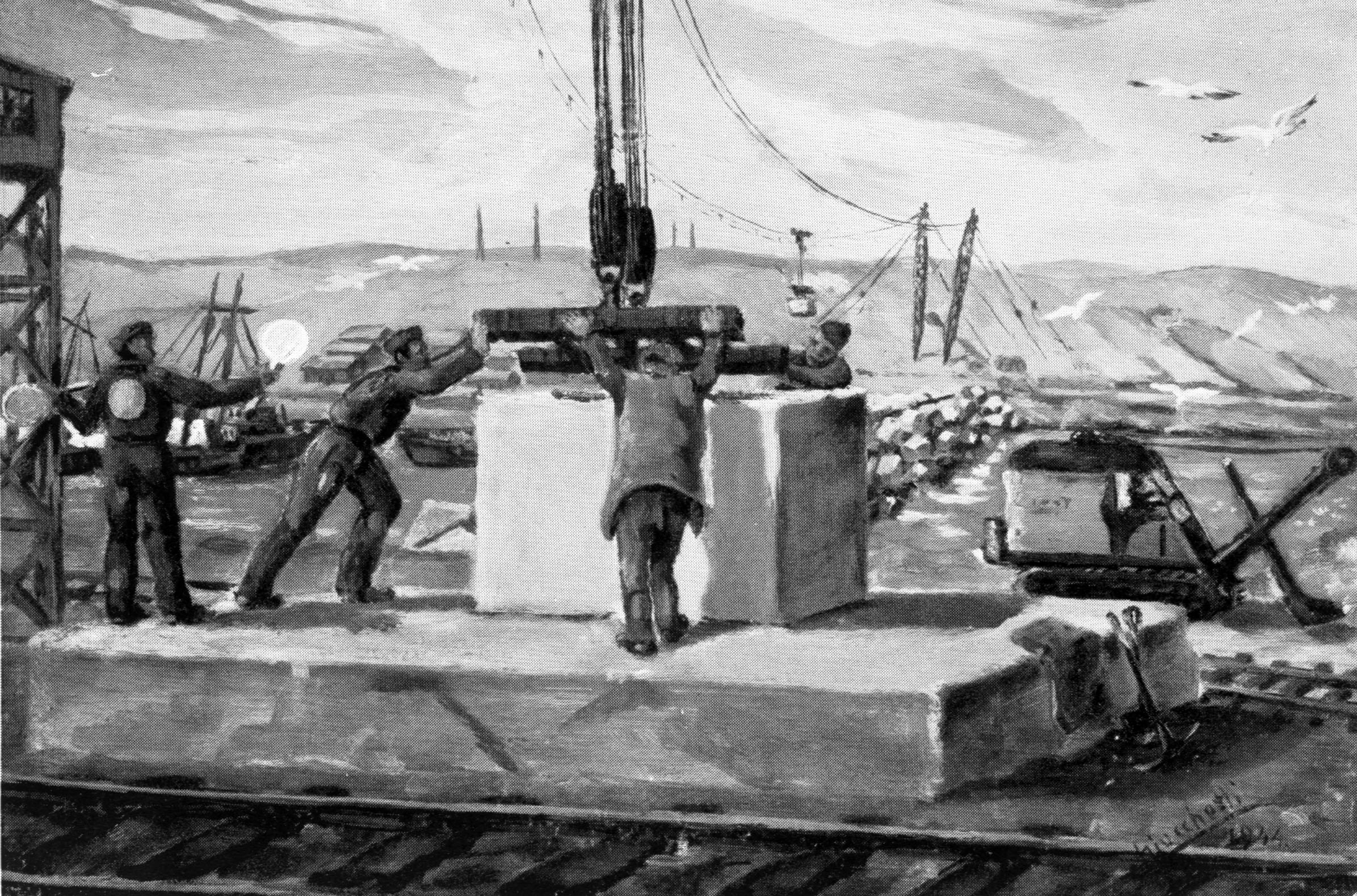 A painting of the building of the Churchill Barriers by Domenico Chiocchetti. You can see the target on the back of the shirt and pylons of the Netherbutton radar station. A painting of the building of the Churchill Barriers by Domenico Chiocchetti, former Italian POW in the Orkney Islands, Scotland. www.Orkneyology.com
