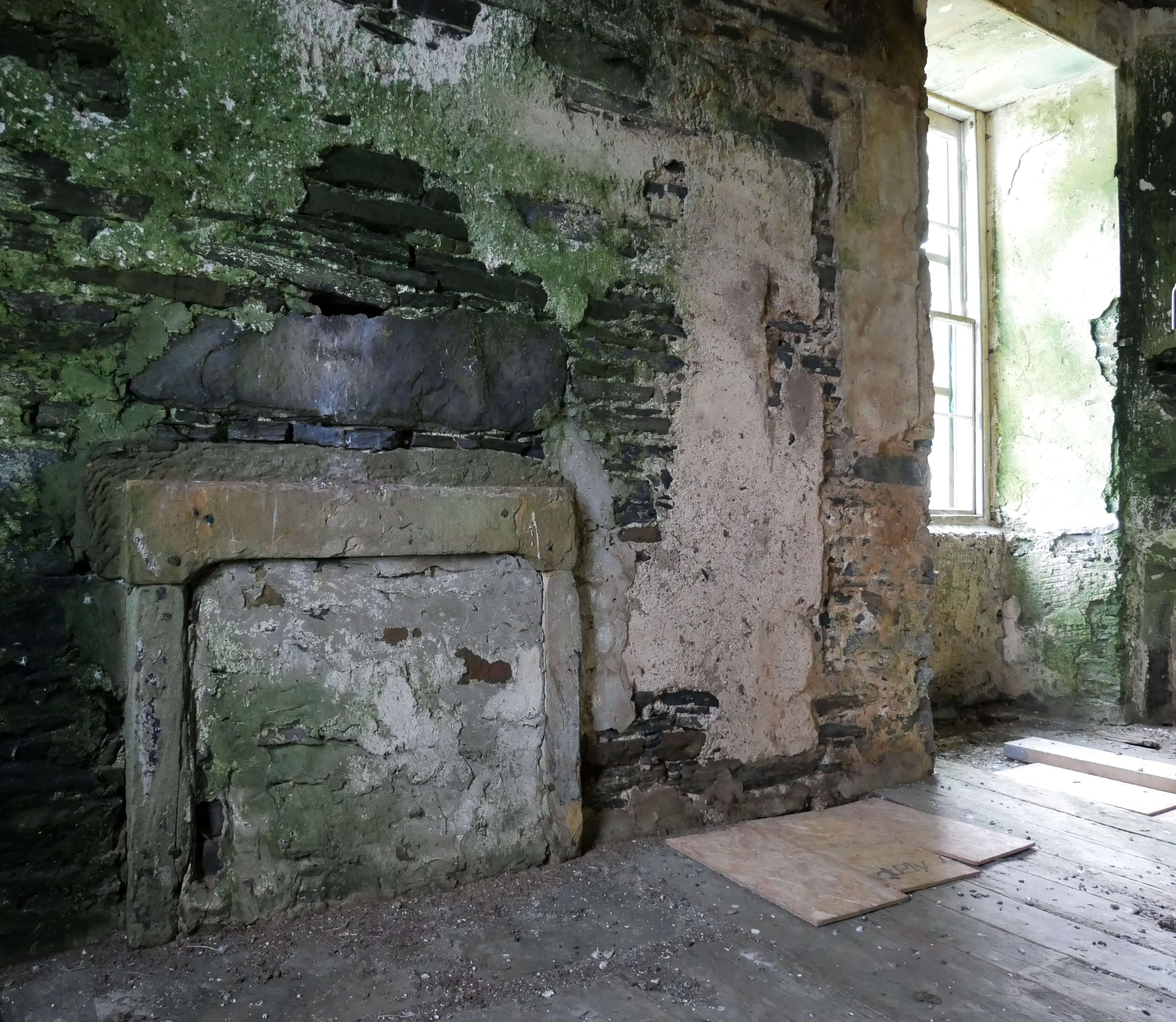 Blazing fires once warmed this hearth, and the family who lived here. Fireplace in the Hall of Clestrain, Rae's birthplace, Orphir, Orkney Islands, Scotland, UK