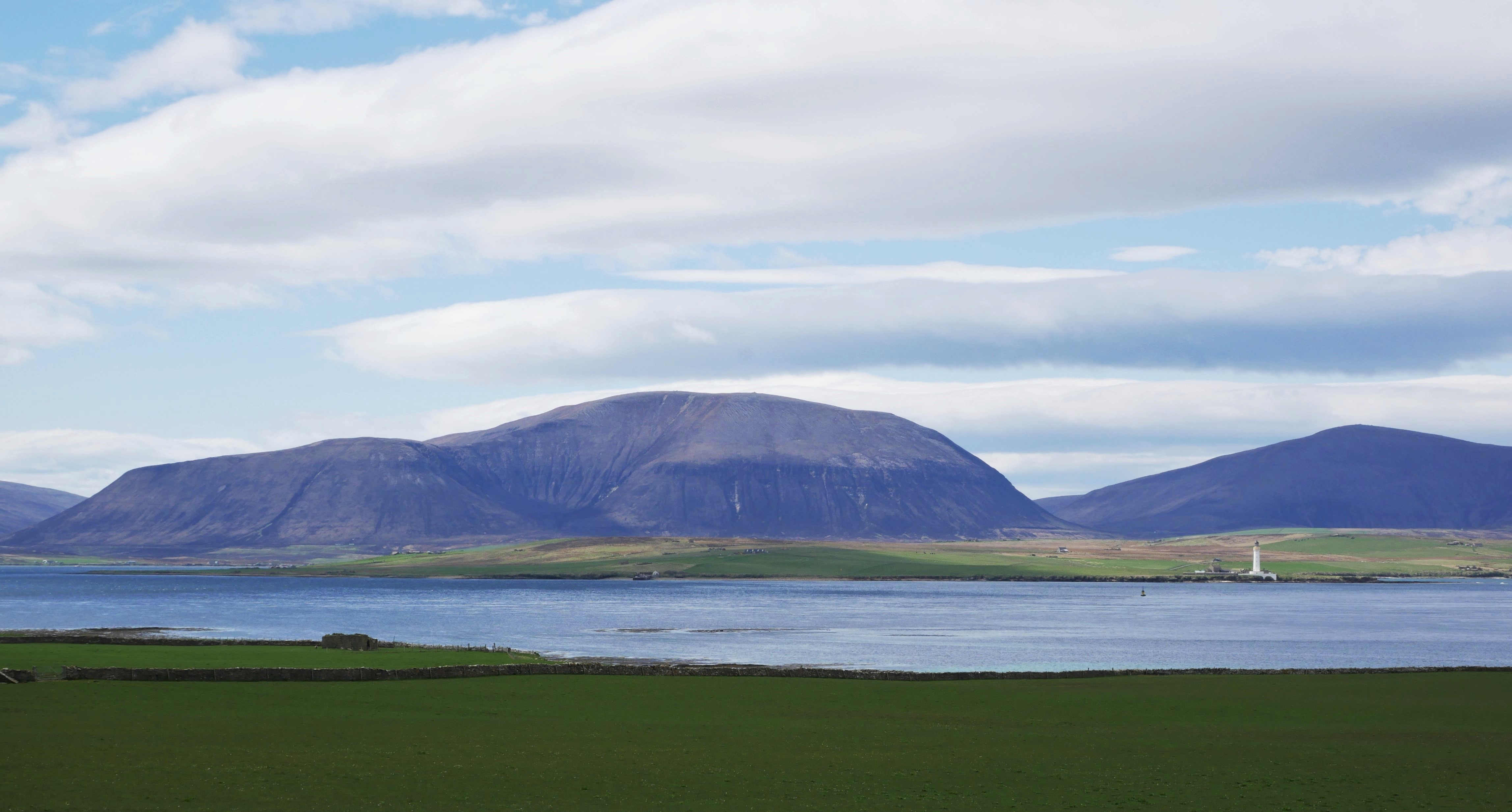 You can just see the Old Ha' near the shore. Graemsay lighthouse Hoy High can also be seen in front of the hills of Hoy. View of the Old Ha', Hall of Clestrain, Orkney Islands, Scotland, birthplace of Rae the Arctic explorer
