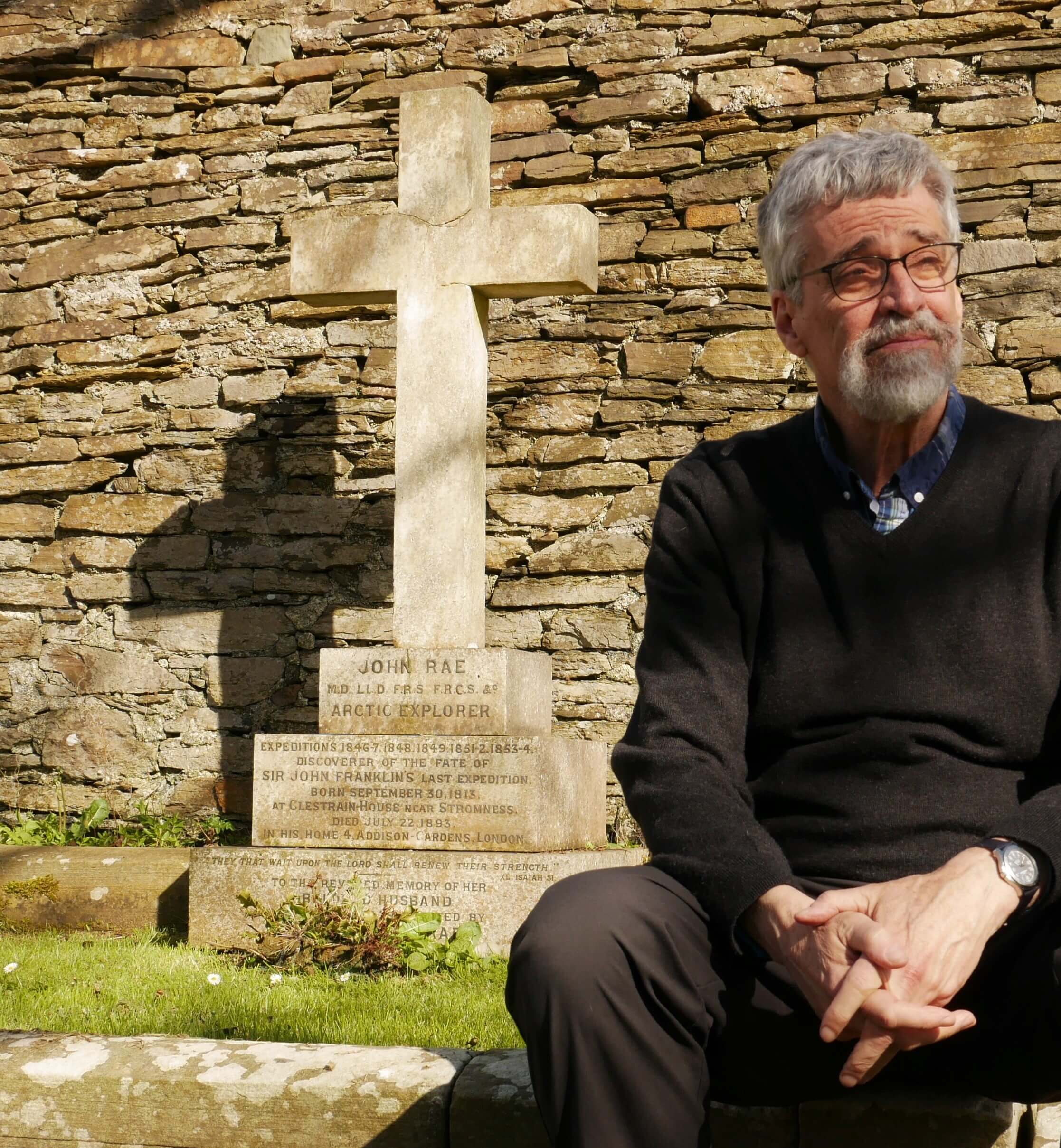 Ken McGoogan, Fatal Passage author, reflects by John Rae's grave Ken McGoogan, author of Fatal Passage and many other books about Arctic exploration at Rae's grave, St Magnus Cathedral, Orkney, Scotland, UK