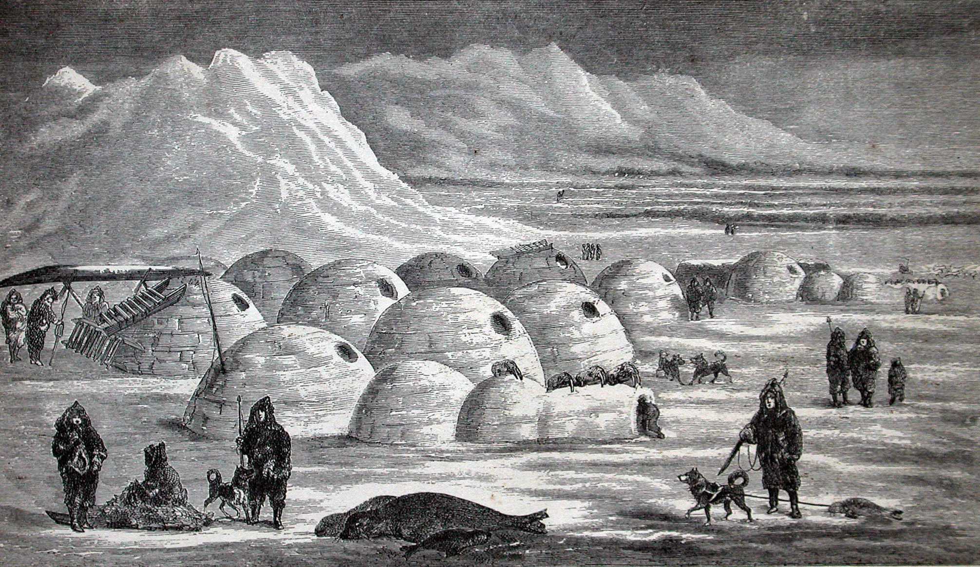 Illustration of Inuit family life Old illustration of Inuit village life