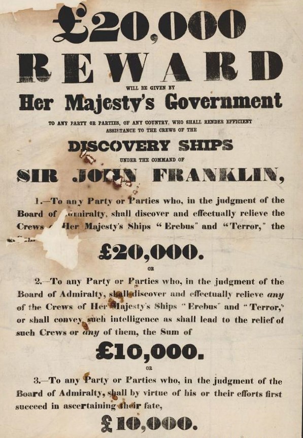 Reward notice for information about Franklin's ships Reward notice for information leading to the recovery of the Erebus and Terror, Franklin's lost ships