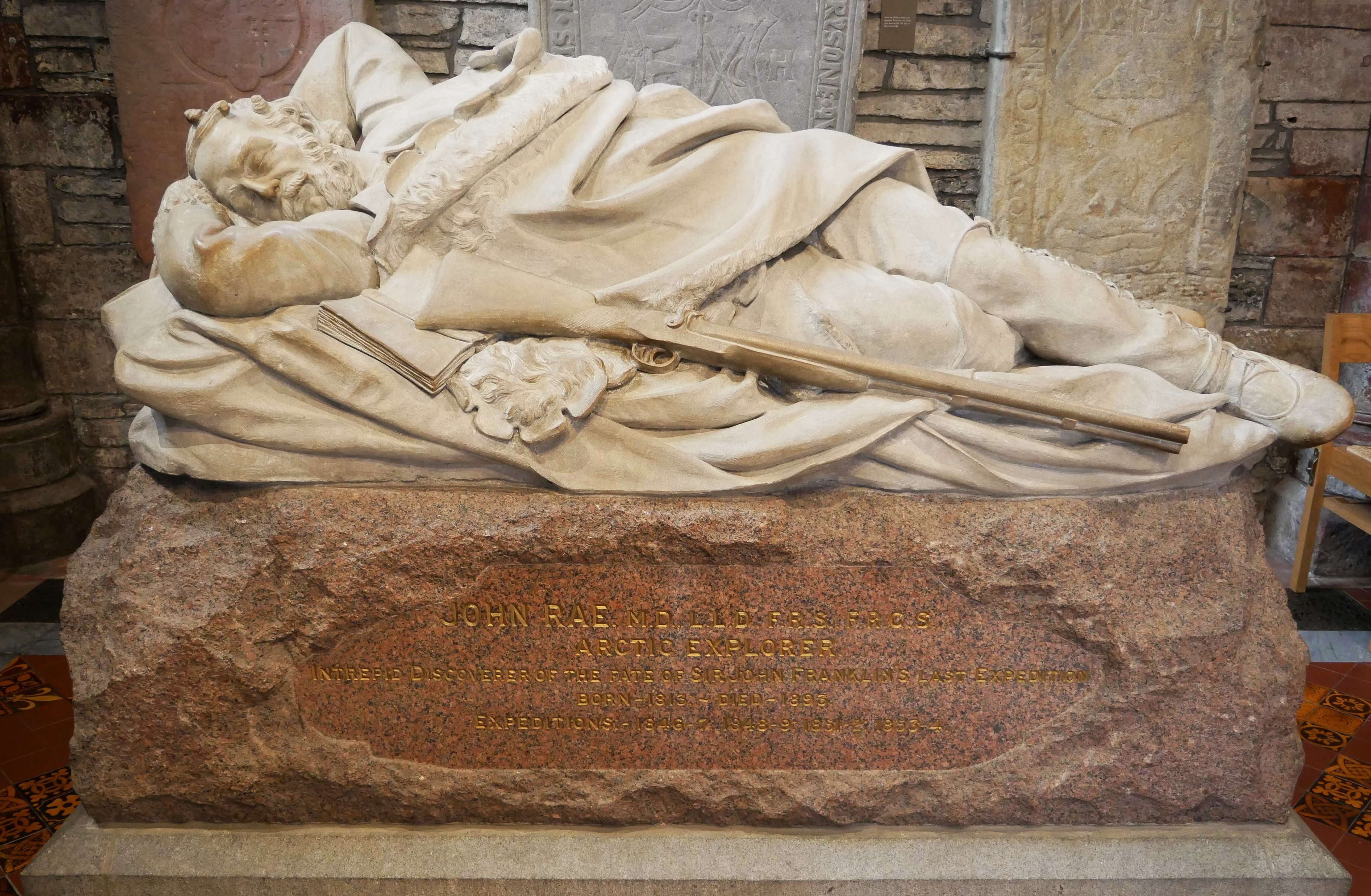 He sleeps Sleeping explorer Rae memorial, St Magnus Cathedral, Kirkwall, Orkney, Scotland, UK