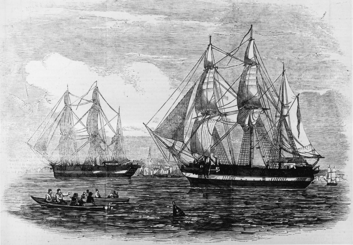 Old illustration of the Erebus and the Terror leaving London Old illustration of the Erebus and the Terror leaving London