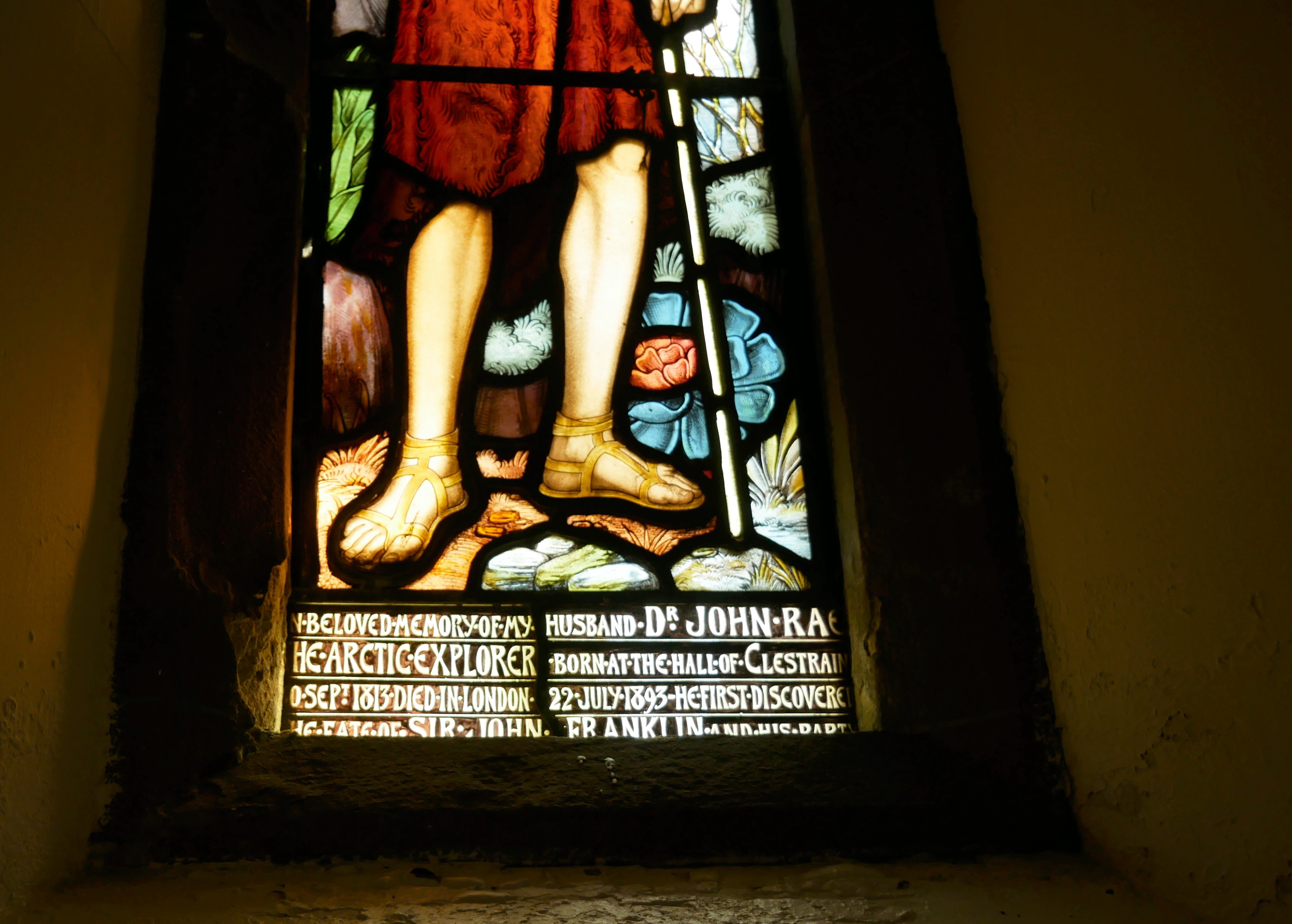 A dedication from Kate Rae in honour of her good husband Window dedicated to Arctic explorer Rae, by his wife, Kate Rae, St Olaf's Church, Kirkwall, Orkney Islands, Scotland, UK