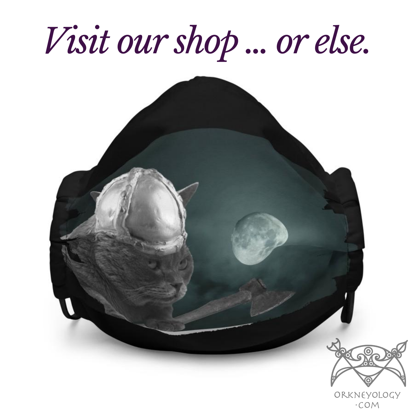 Cute Viking Scottish Fold Cat in Moonlight Premium Face Mask at https://shop.orkneyology.com/.