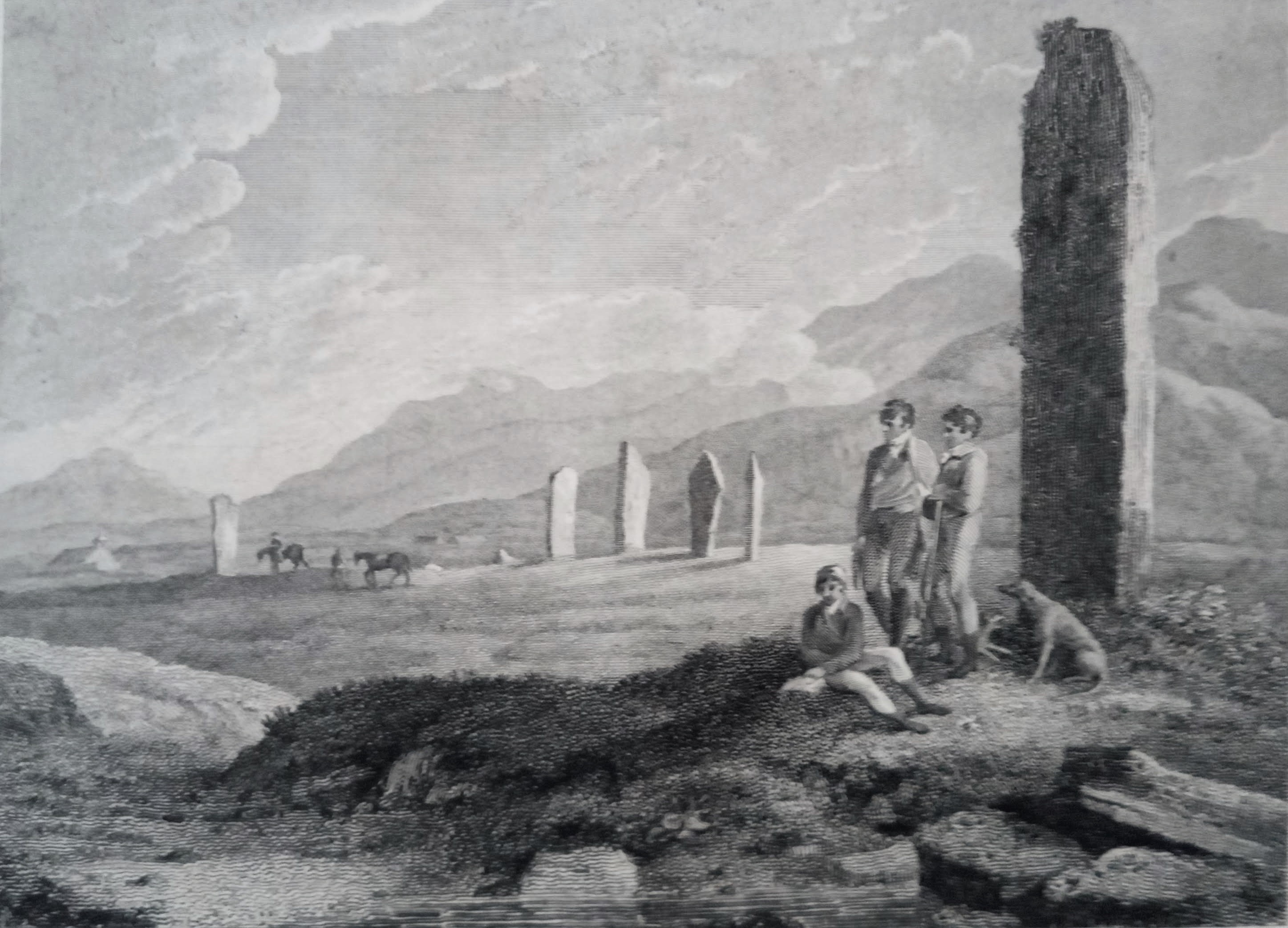 At the Watch Stone - Odin Stone in the background behind the stones Old illustration - Orkney Islands, the Watch Stone, looking toward the stone circle at Stenness Loch, Orkney Islands, Scotland, UK. Orkneyology.com