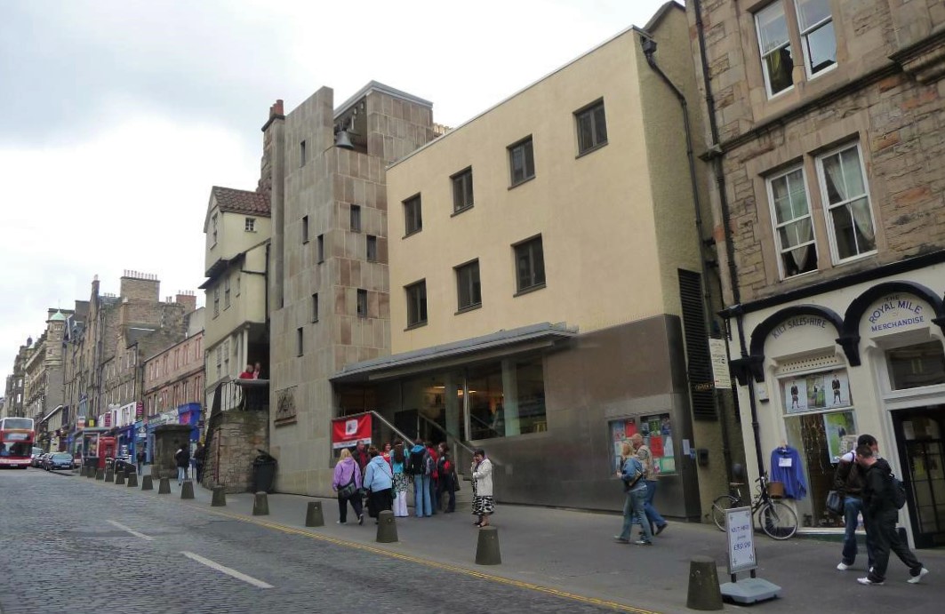 Edinburgh's Scottish Storytelling Centre, in the historic home of John Knox, with its historic 1621 Netherbow Port bell - back view.