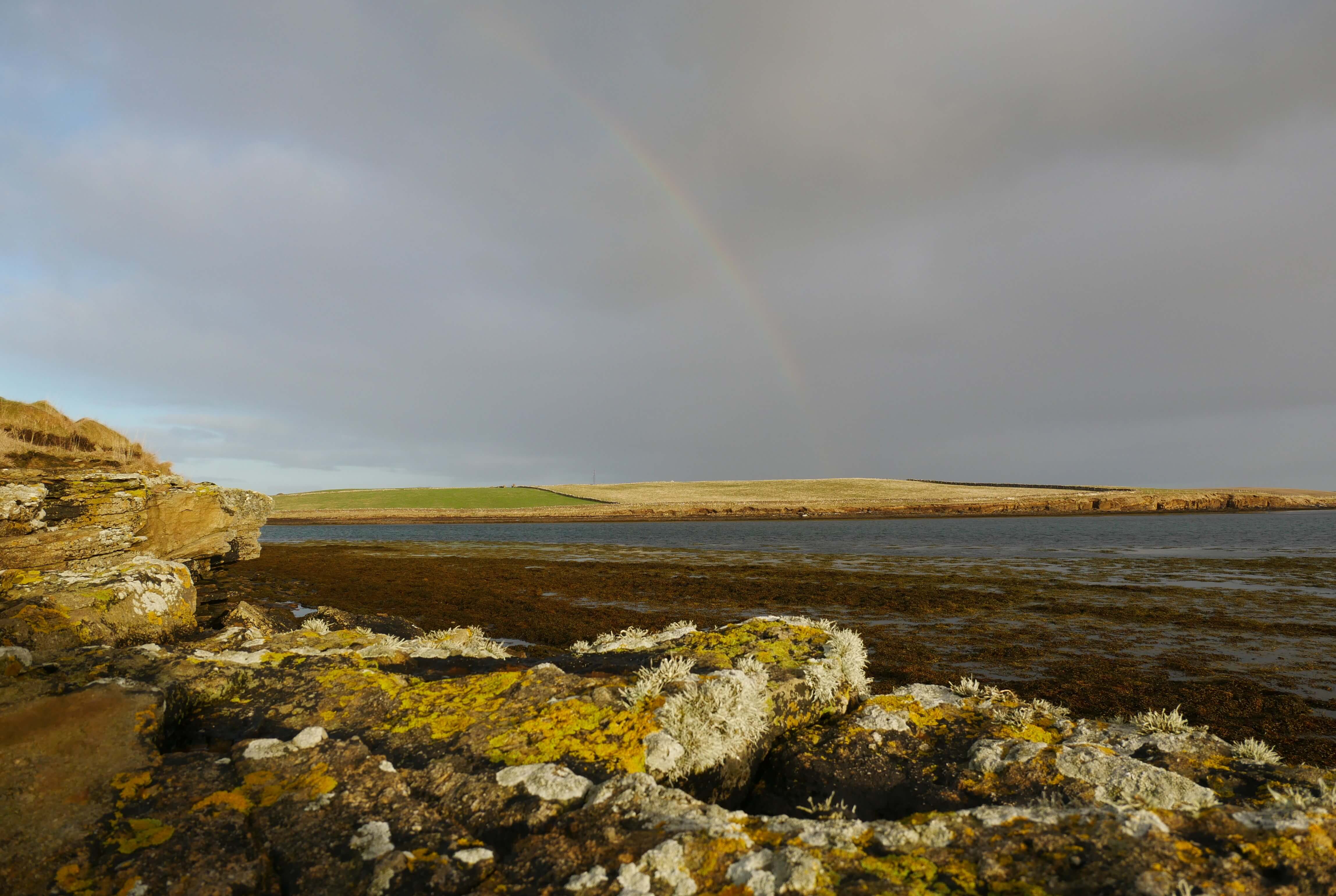 Rainbow on a rugged beach, Stromness, Orkney Islands, Scotland, UK
