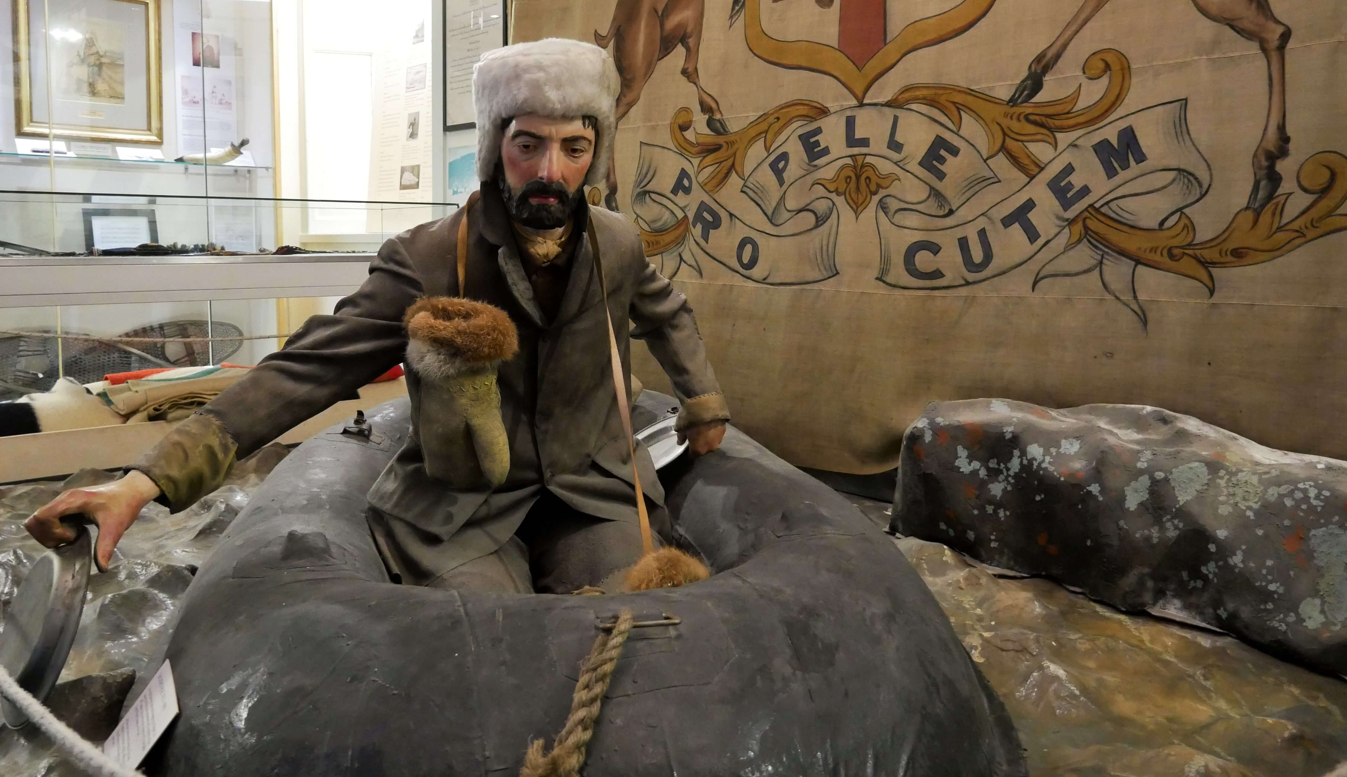 The diorama Diorama of Rae the Arctic explorer paddling his Halkett cloth boat, Stromness Museum, Orkney Islands, Scotland, UK