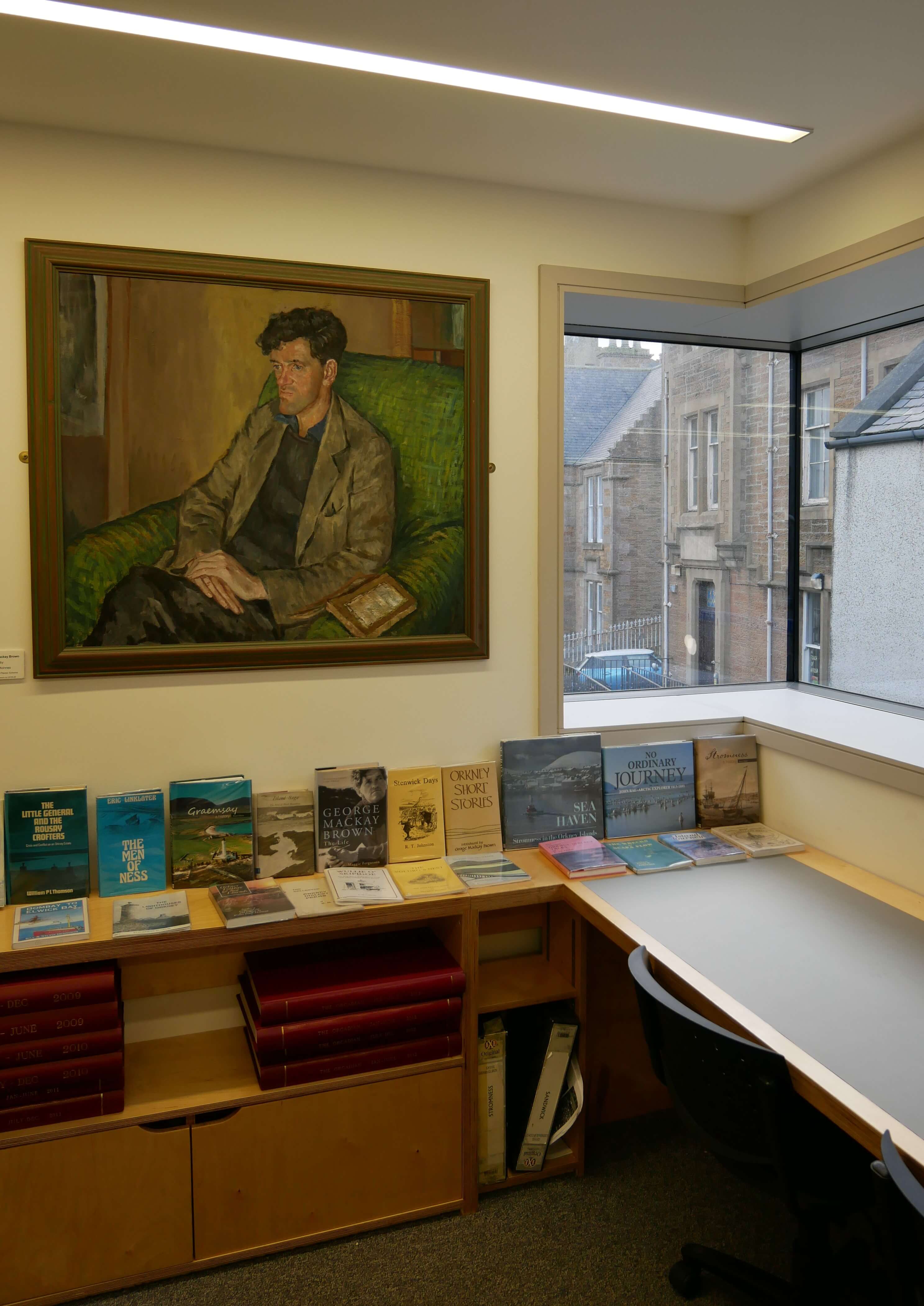 Orkney writer GMB in the Stromness Library, Orkney Islands, Scotland
