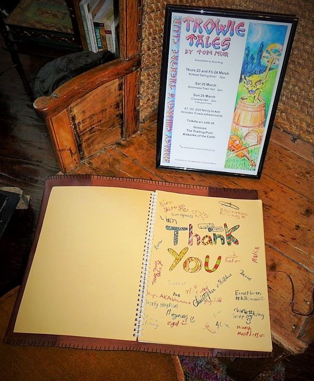 The plays poster and a thank you note from the talented bairns Poster from a children's theater play based on Orkney folklore, and a thank you note from the performers to Orcadian storyteller Tom Muir, who collected the stories for his book, The Mermaid Bride