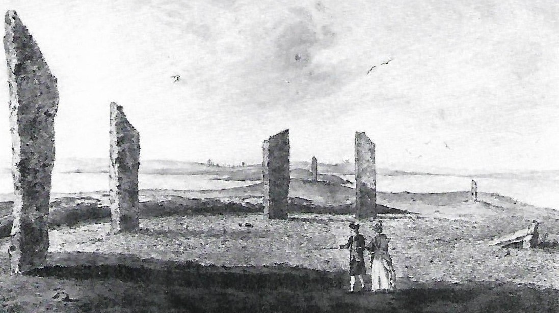 The stones, showing the Watch Stone and Odin Stone in background Old illustration of the standing stone circle at Stenness, Orkney Islands, Scotland, UK. Orkneyology.com