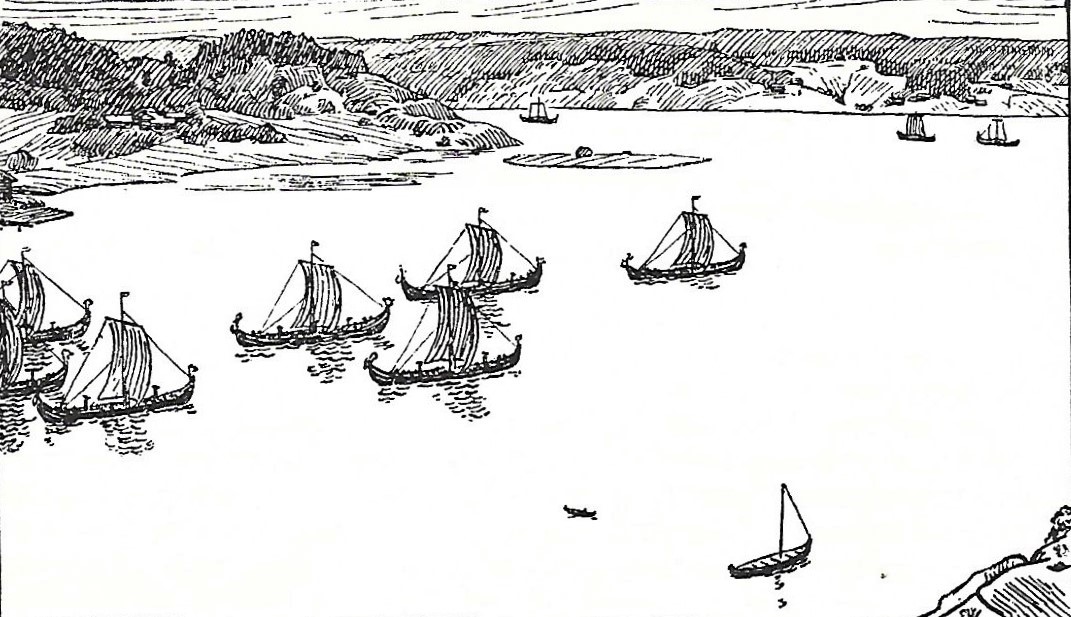 Longships sneaking through Old illustration of Viking days, Orkney Islands, Scotland, UK