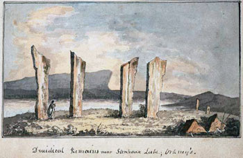 A bit less than accurate, but pretty rendition of the stones Old illustration of Orkney's Stones of Stenness, Orkney Islands, Scotland, UK. Orkneyology.com